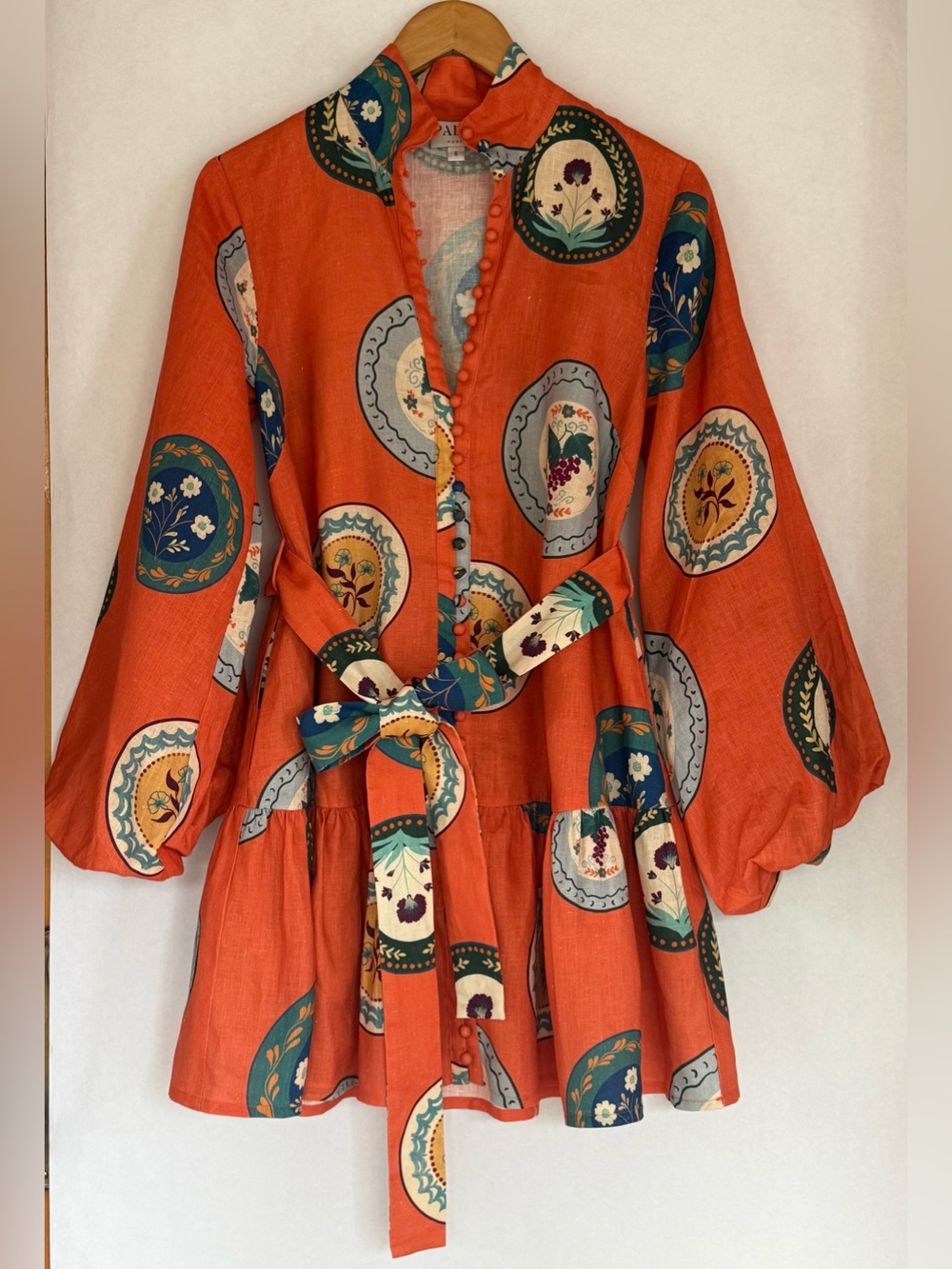 'Women’s 100% Linen Orange Floral Medallion Tie-Waist Dress